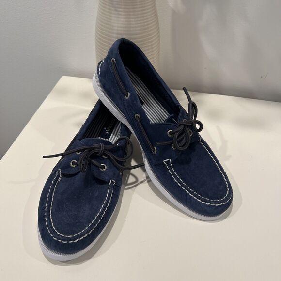 Sperry Other - Sperry Top-Sider A/O 2-Eye Seersucker Men's Sz 9.5 M Blue /White Boat Shoes -EUC